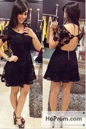 Short Sleeve Black Lace Prom Dresses Homecoming Dresses