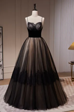 Simple Black Spaghetti Straps Lace A Line Tulle Long Prom Dresses APP0817