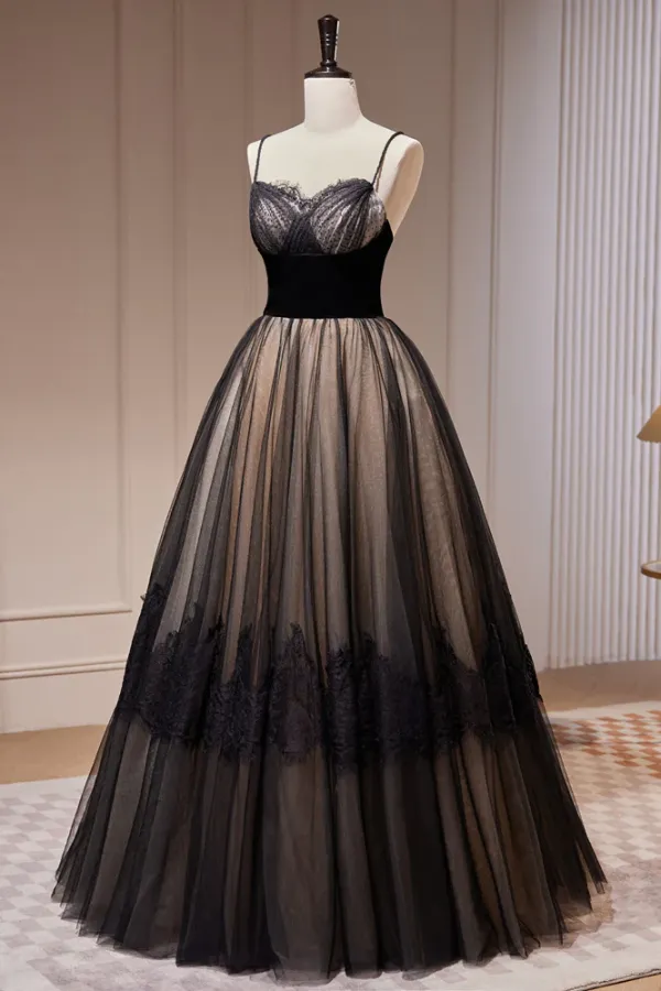 Simple Black Spaghetti Straps Lace A Line Tulle Long Prom Dresses APP0817