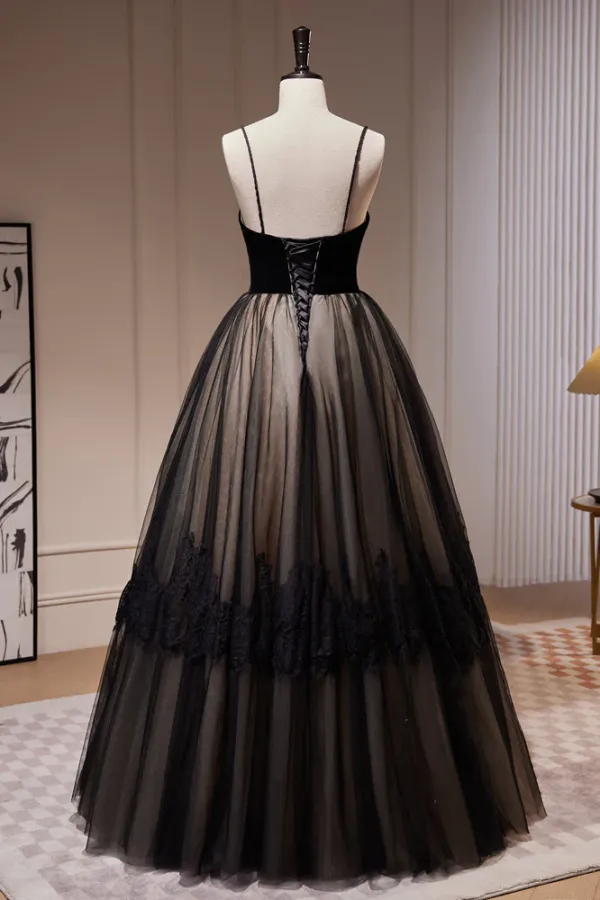 Simple Black Spaghetti Straps Lace A Line Tulle Long Prom Dresses APP0817