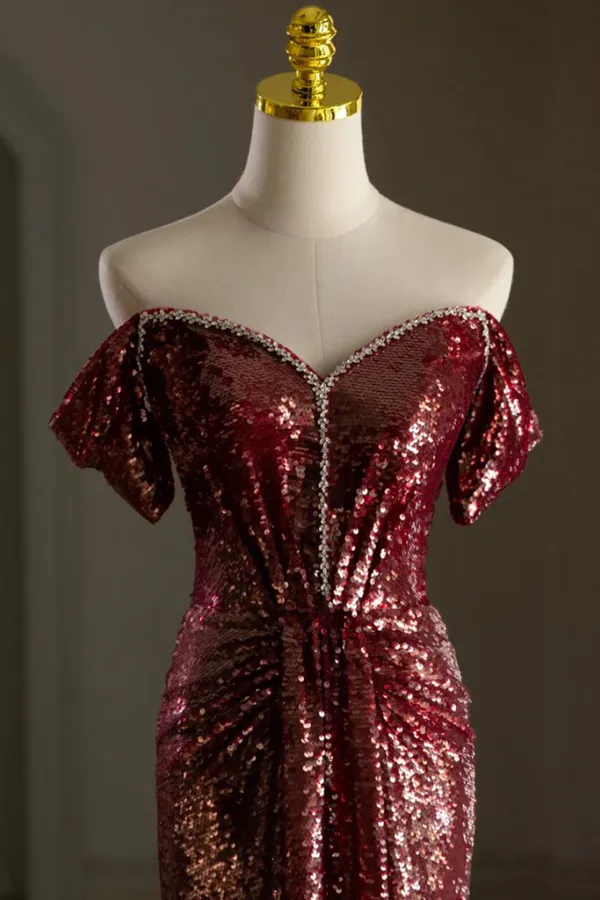 Simple Off Shoulder Sequin Burgundy Long Prom Dress, Burgundy Long Evening Dress APP0958