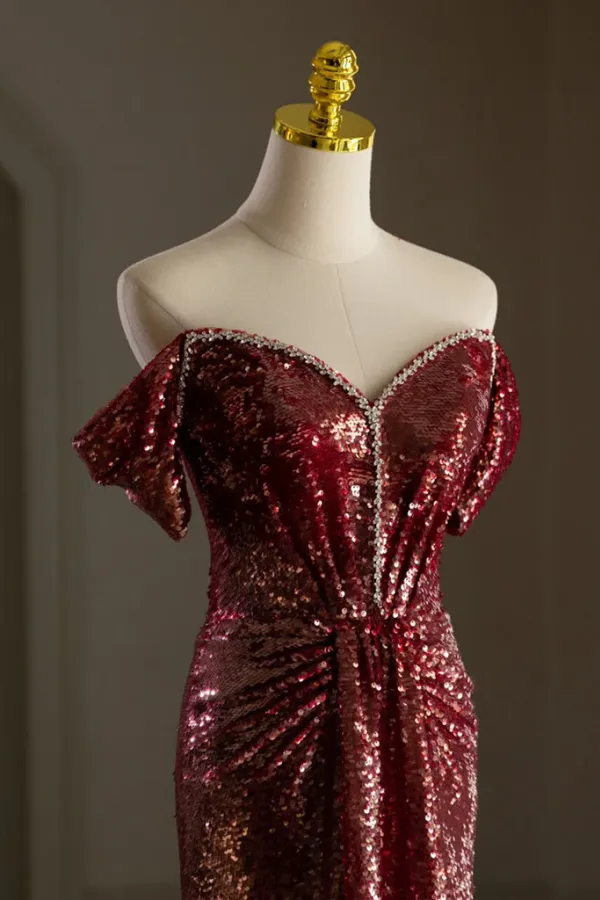 Simple Off Shoulder Sequin Burgundy Long Prom Dress, Burgundy Long Evening Dress APP0958