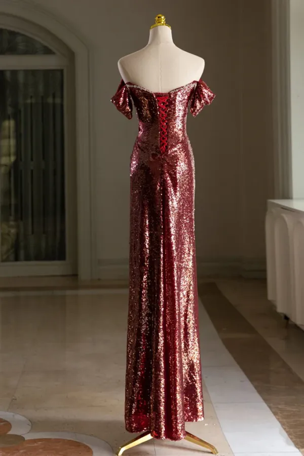 Simple Off Shoulder Sequin Burgundy Long Prom Dress, Burgundy Long Evening Dress APP0958