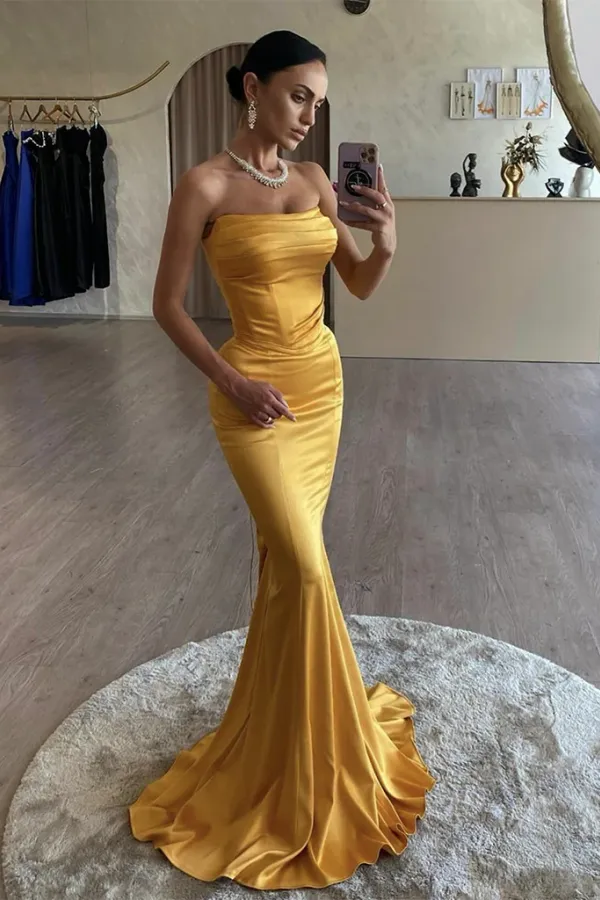 Simple Satin Mermaid Yellow Long Prom Dress, Yellow Evening Dress APP1086