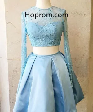 Sky Blue Long Two-Piece Sleeves Short Homecoming Dress