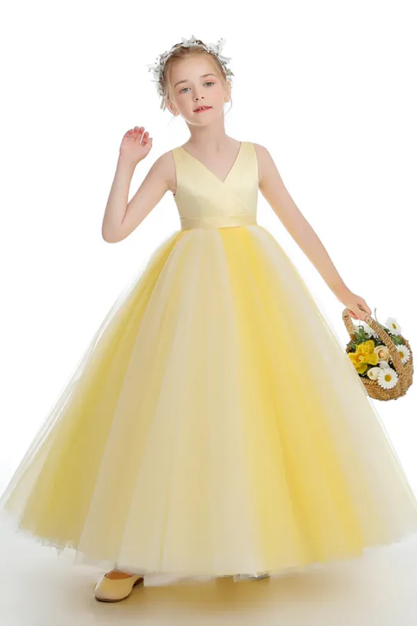 Sleeveless V Neck Yellow Tulle Flower Girl Dresses APF0033