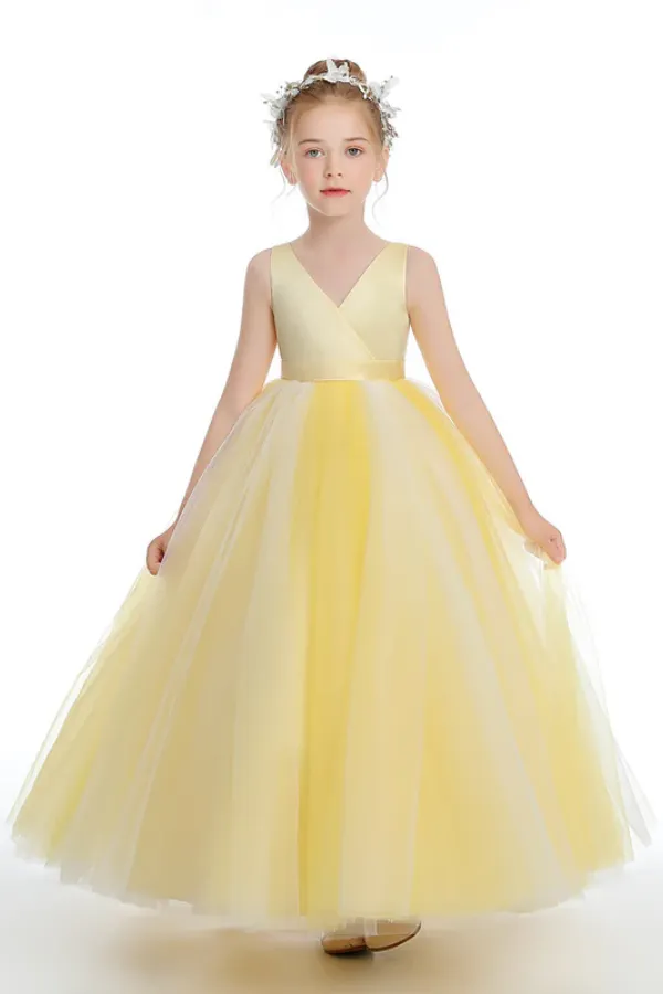 Sleeveless V Neck Yellow Tulle Flower Girl Dresses APF0033