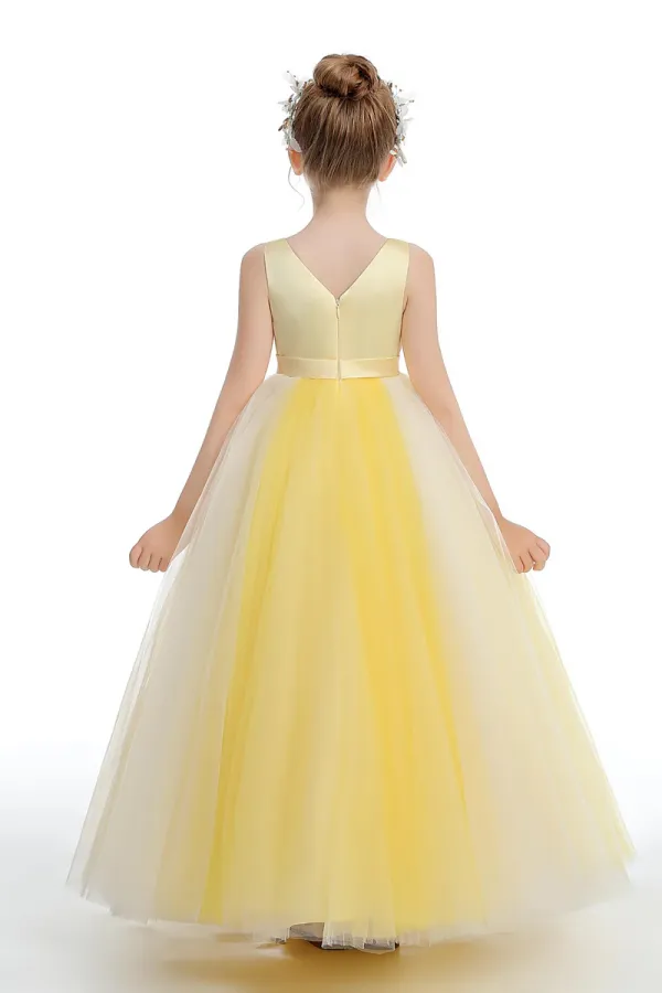 Sleeveless V Neck Yellow Tulle Flower Girl Dresses APF0033
