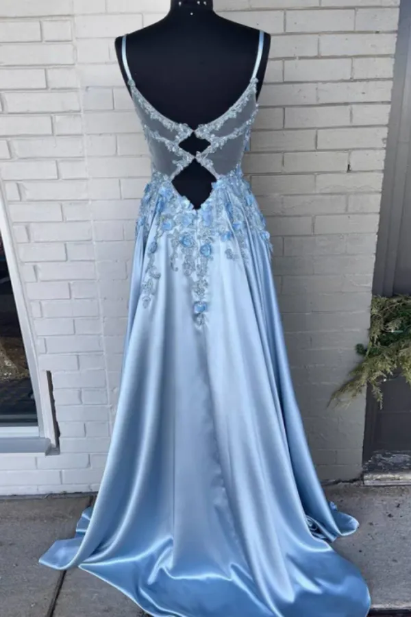 Spaghetti Straps 3D Flowers Prom Dress A Line Prom Gown with Slit APP0722