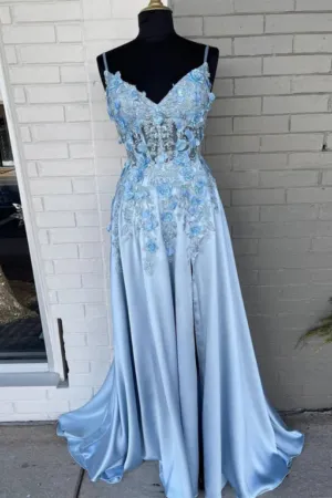 Spaghetti Straps 3D Flowers Prom Dress A Line Prom Gown with Slit APP0722