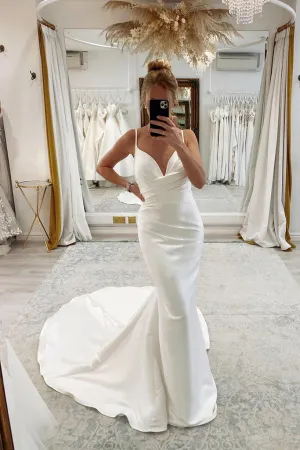 Spaghetti Straps V Neck Pleats Simple Mermaid Satin Wedding Dress APW0424