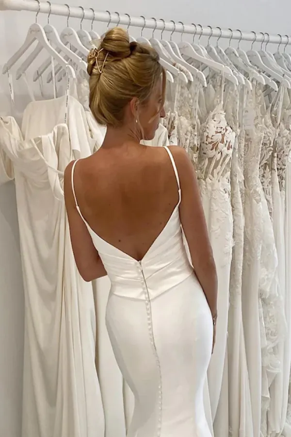 Spaghetti Straps V Neck Pleats Simple Mermaid Satin Wedding Dress APW0424