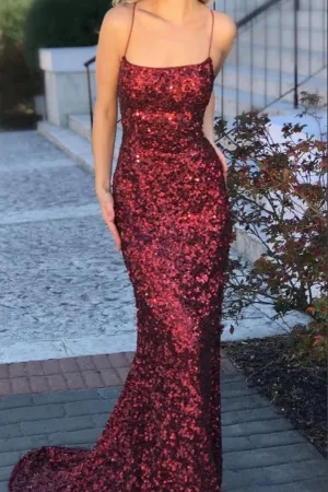 Sparkly Sequins Sheath Scoop Spaghetti Straps Sweep Train Prom Dresses APP0694