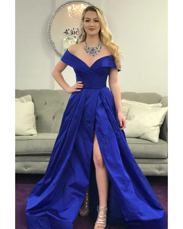 Stain V Neck Off The Shoulder Prom Dresses With Slit Side Evening Dresses For Women Online