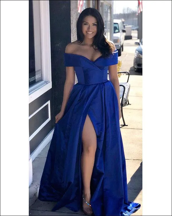 Stain V Neck Off The Shoulder Prom Dresses With Slit Side Evening Dresses For Women Online