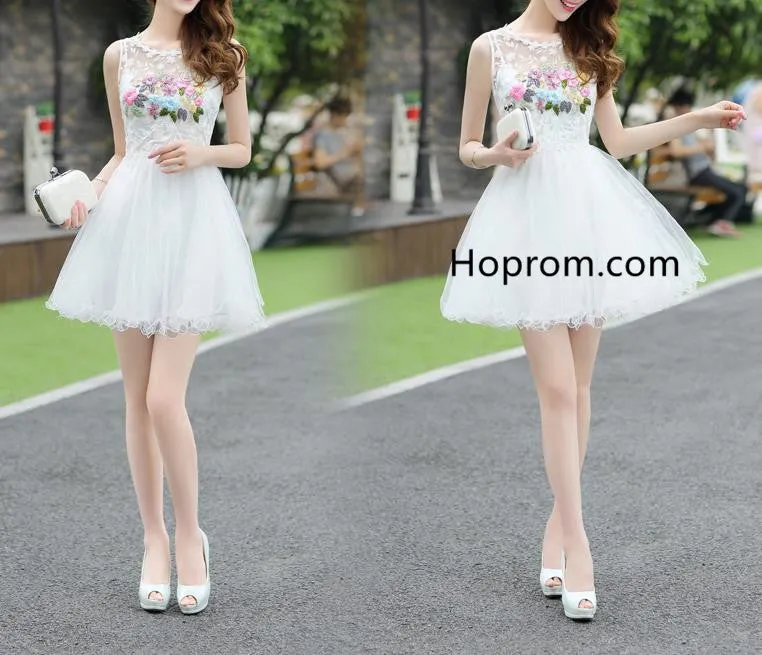 Strapless Short Homecoming Dress, White Appliques Homecoming Dress
