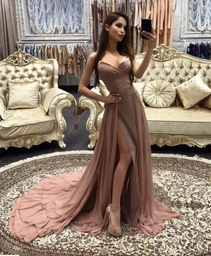 Straps Long Side Slit A line Prom Dresses Long V Neck Evening Dresses For Women