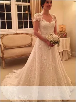 Sweetheart Lace Princess Wedding Dresses,Short Sleeves Court Train Wedding Dresses