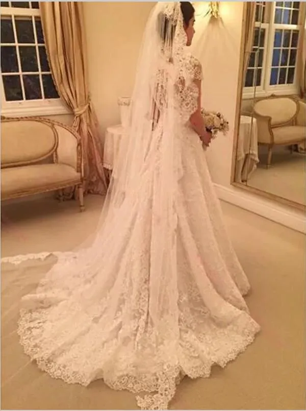 Sweetheart Lace Princess Wedding Dresses,Short Sleeves Court Train Wedding Dresses
