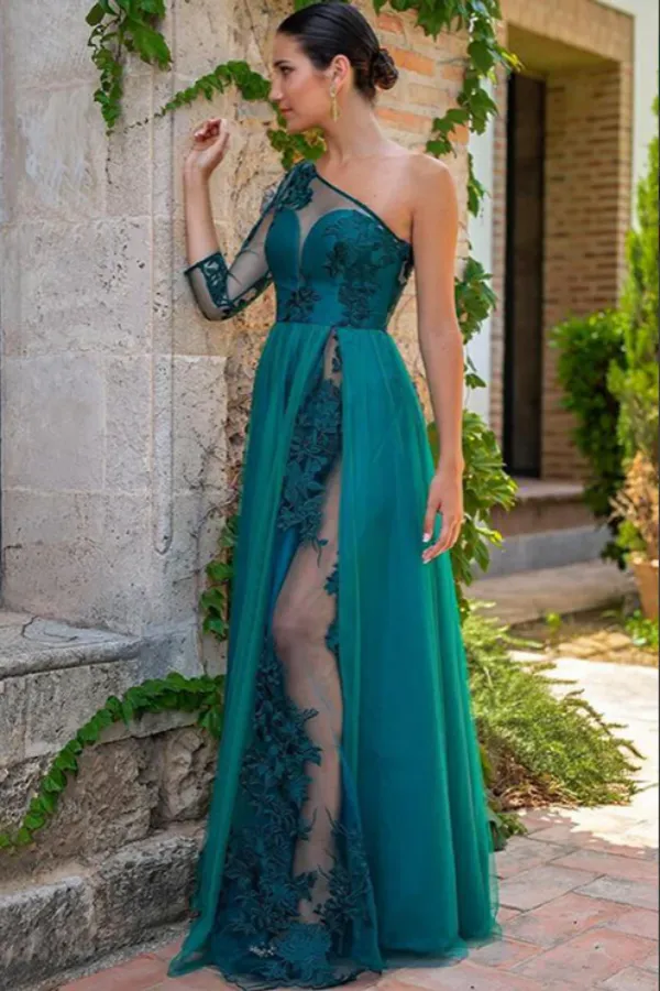 Teal Green Tulle One Shoulder Floor Length Prom Dresses, Evening Gown APP0725