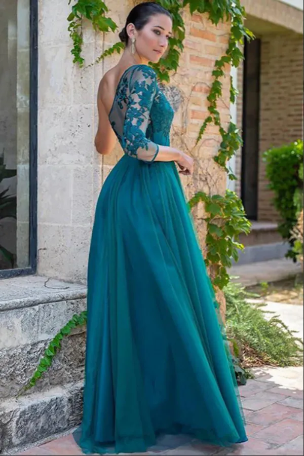 Teal Green Tulle One Shoulder Floor Length Prom Dresses, Evening Gown APP0725