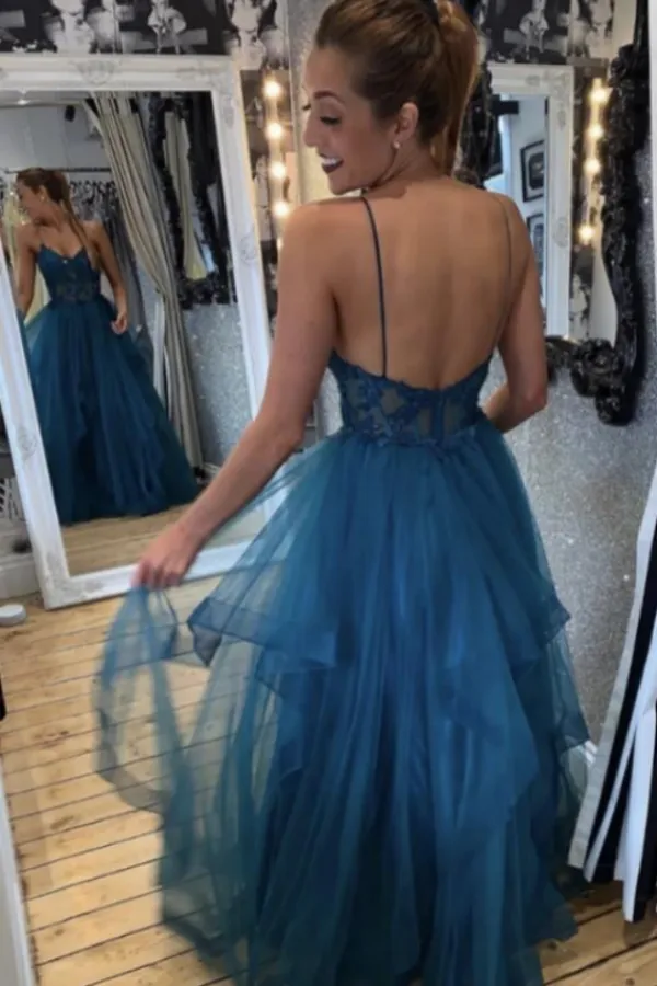 Teal Tulle Straps A Line Prom Dress With Lace Appliques APP0696