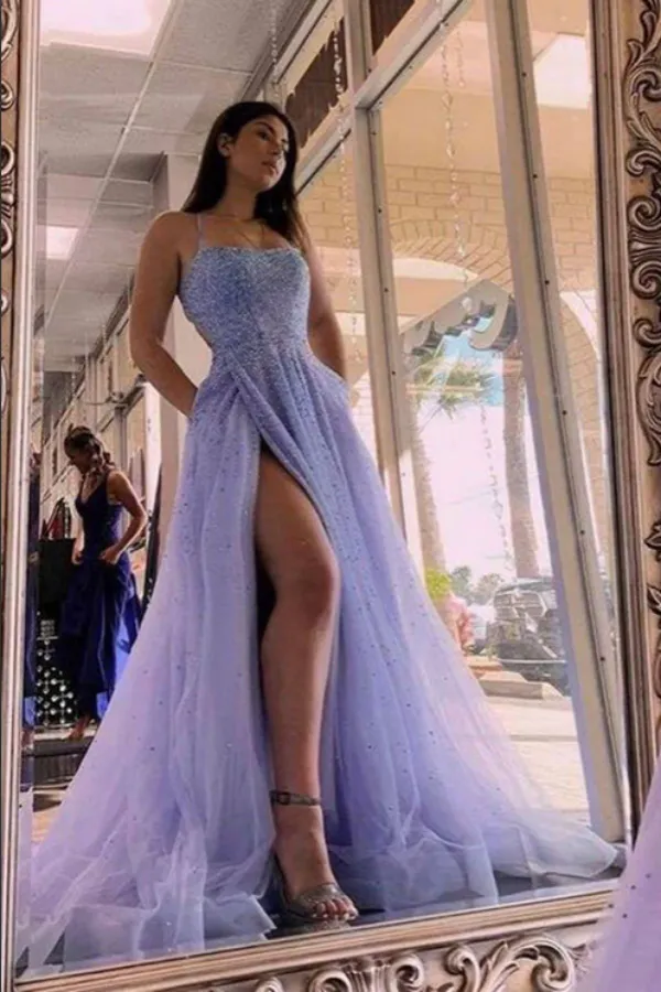 Tulle A Line Spaghetti Straps Beaded Prom Dresses With Slit, Evening Gown APP0718