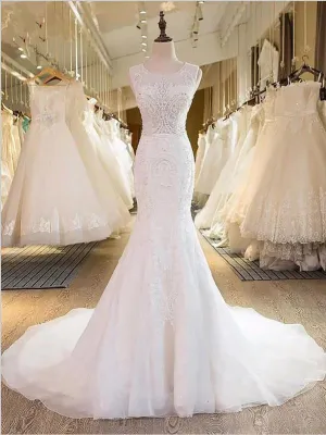 Tulle Mermaid Scoop Sleeveless Wedding Dresses,Brush Train Wedding Dresses