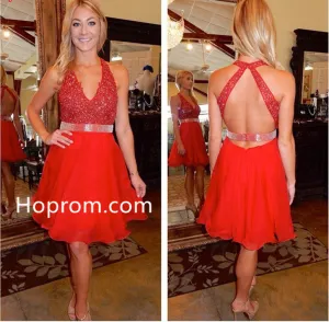 Tulle V-Neck Red Beadings Sleeveless Short Homecoming Dress