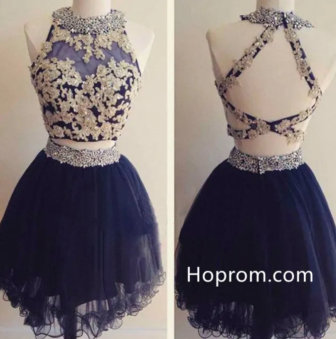 Two Piece Beading Navy Blue Homecoming Dresses