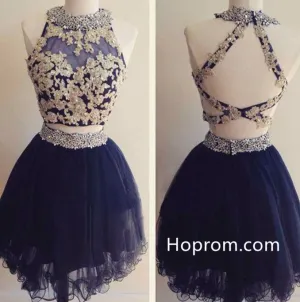Two Piece Beading Navy Blue Homecoming Dresses
