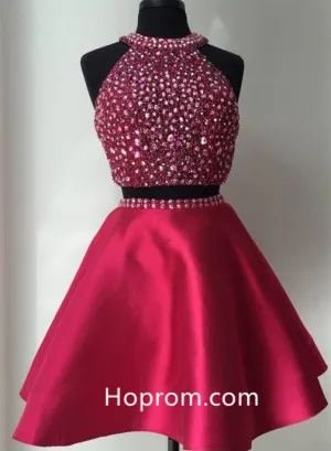 Two Piece Crystal Homecoming Dress, Burgundy Halter Short Prom Dress