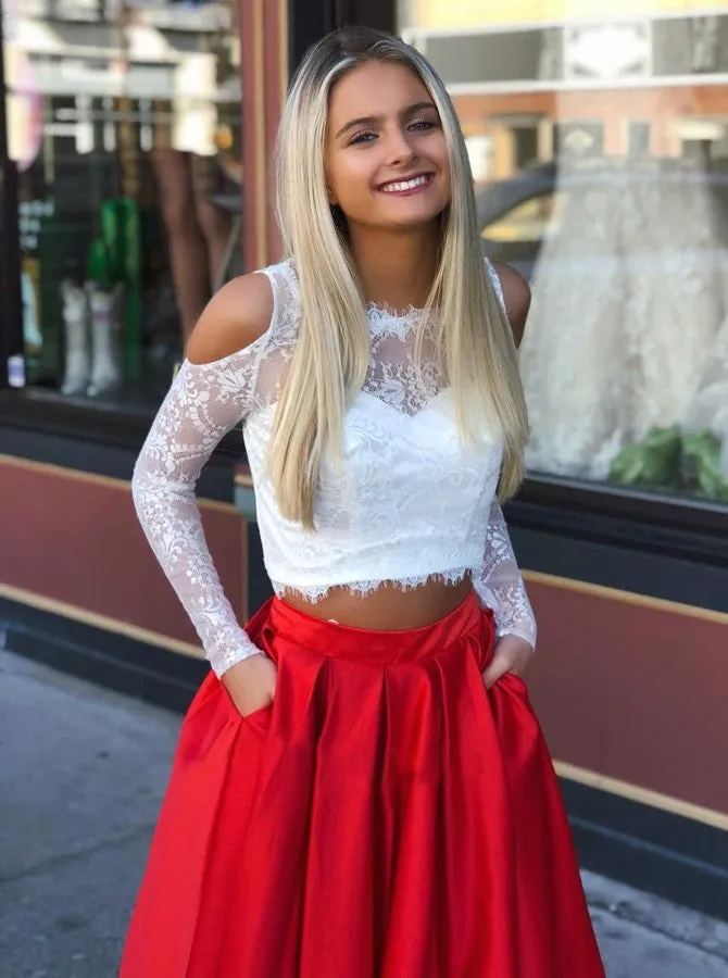 Two Piece Long Sleeves Lace Long Prom Dresses Red with Pockets Evening Dresses