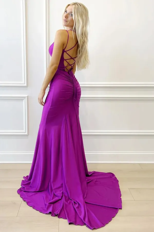 V Neck Backless Mermaid Purple Long Prom Dresses with Train APP1093