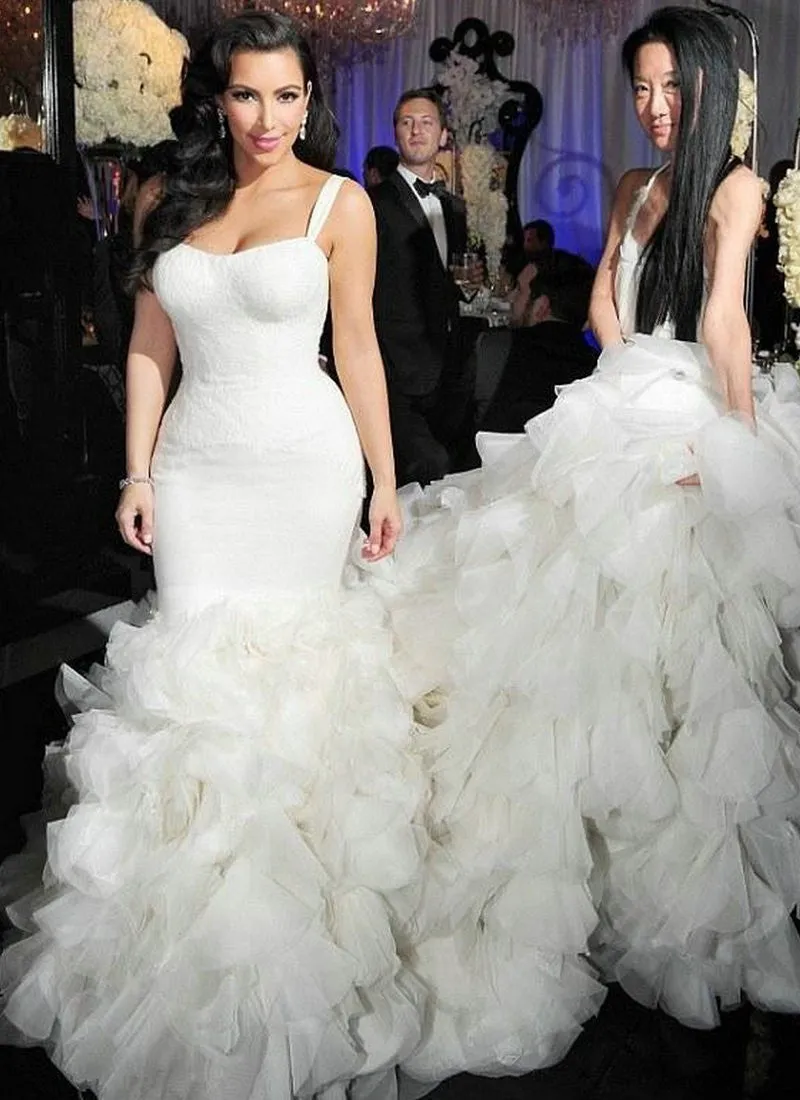 White Kim Kardashian Mermaid Ruched Wedding Dress Best Celebrity Dress Bridal Gown For Sale