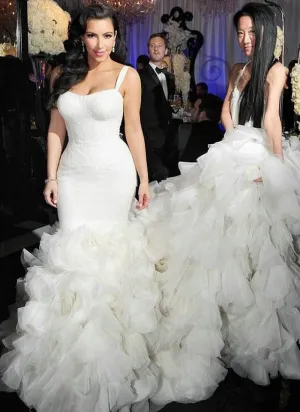 White Kim Kardashian Mermaid Ruched Wedding Dress Best Celebrity Dress Bridal Gown For Sale