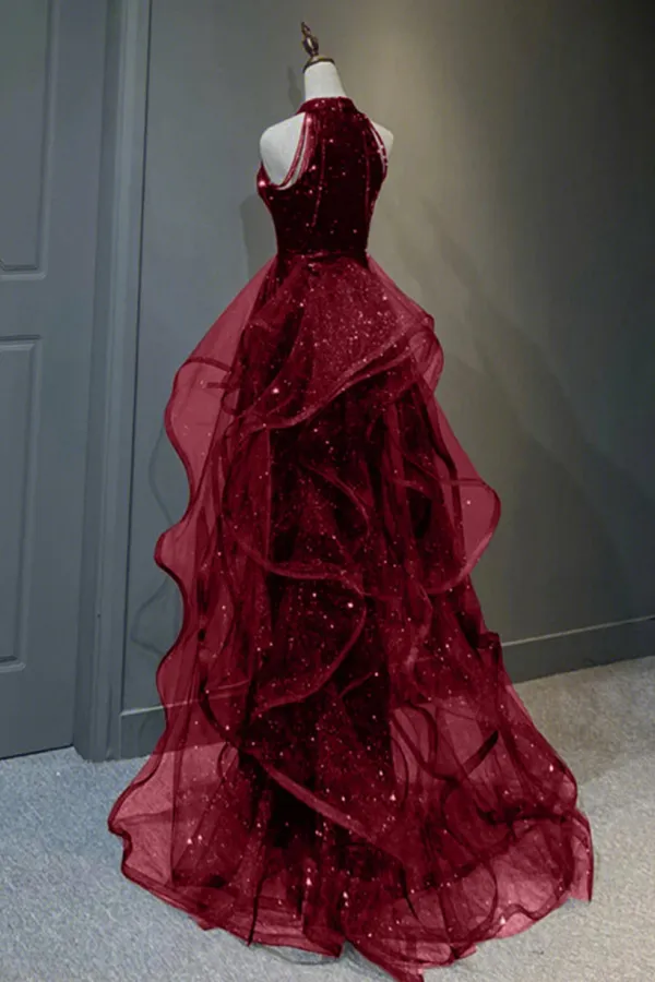 Wine Red Tulle and Sequins New Style Prom Dress, Wine Red Long Evening Dress APP0867