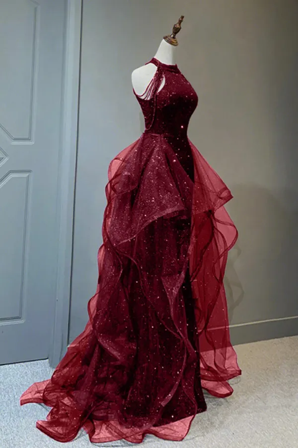 Wine Red Tulle and Sequins New Style Prom Dress, Wine Red Long Evening Dress APP0867