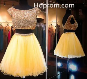 Yellow Two Pieces Homecoming Dress, Beadings Chiffon Homecoming Dress